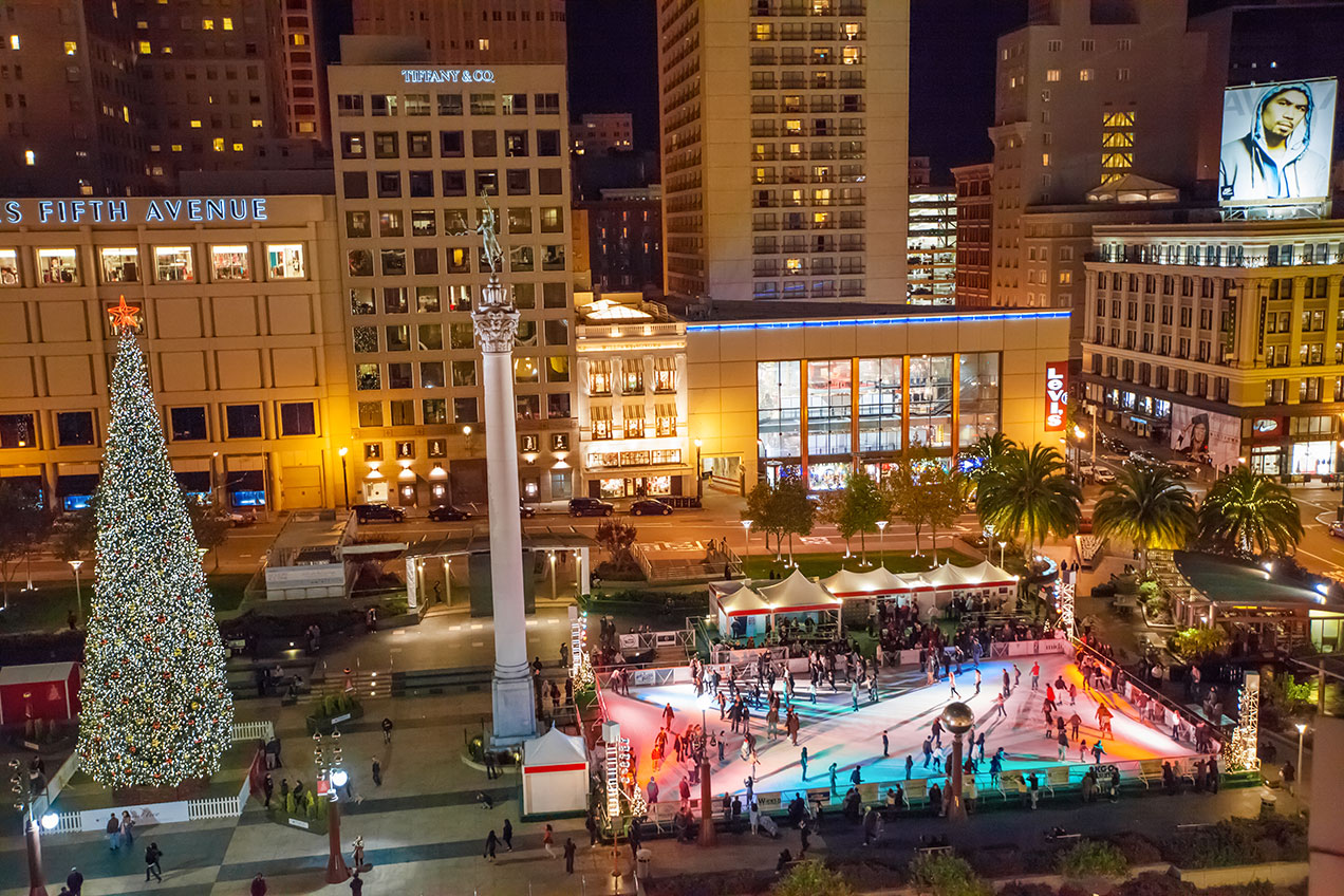 San Francisco's Union Square on Christmas, with skating rink